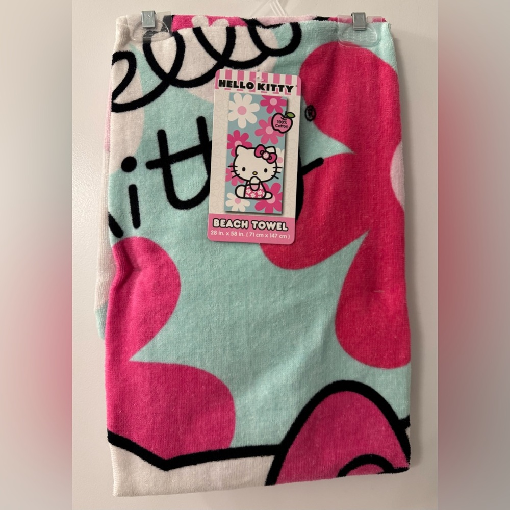 Hello Kitty 100% Cotton Beach Towel Light Aqua with Hello Kitty & Big Flowers